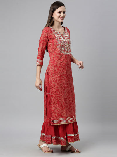 Neeru'S RED color, Jute Cotton fabric Kurta Sets With Dupatta