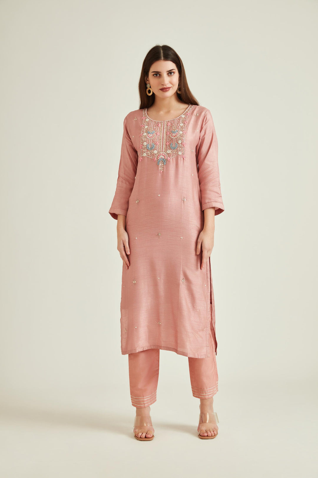 Neerus Pink Chanderi embellished kurta set - detail view 1