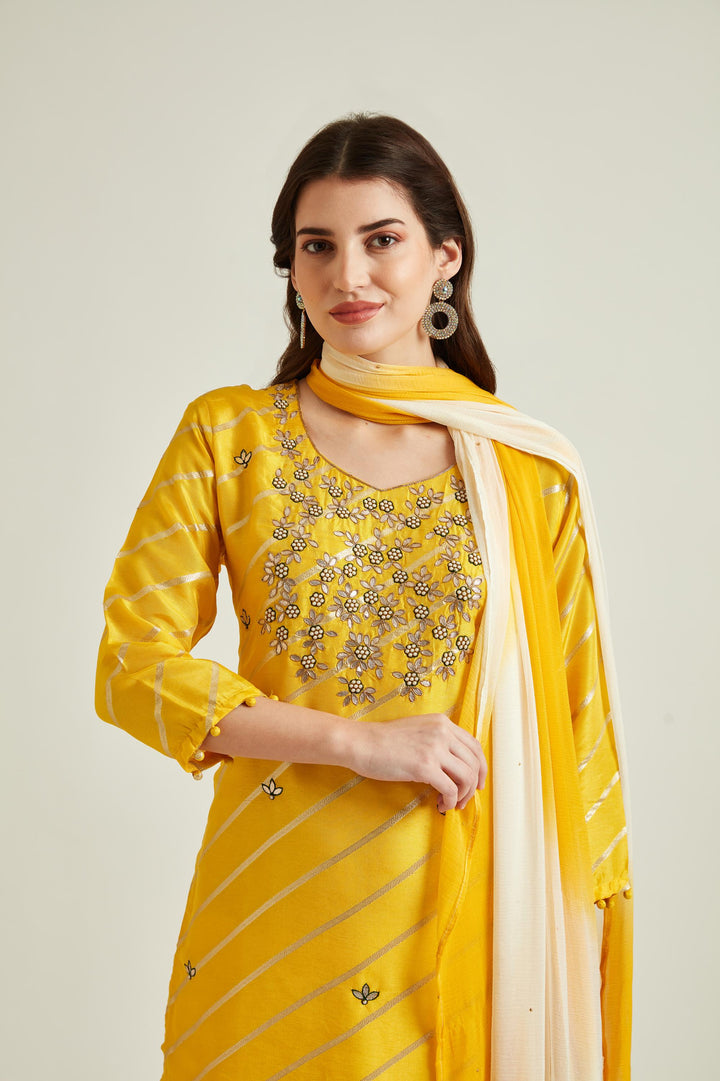 Neerus Yellow Colour Banaras Fabric Suit