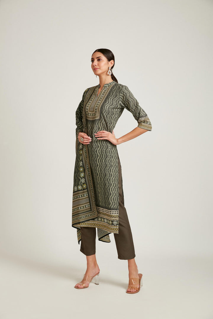 Neerus Green cotton chikankari kurta set - front view