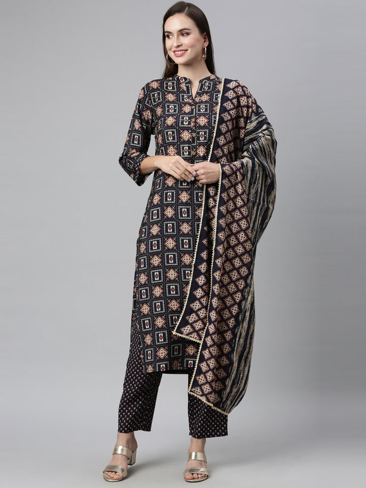 Neerusvy Blue Color Cotton Blend Fabric Kurta Sets With Dupatta