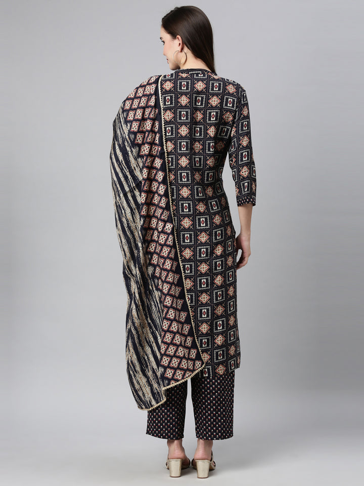 Neerusvy Blue Color Cotton Blend Fabric Kurta Sets With Dupatta