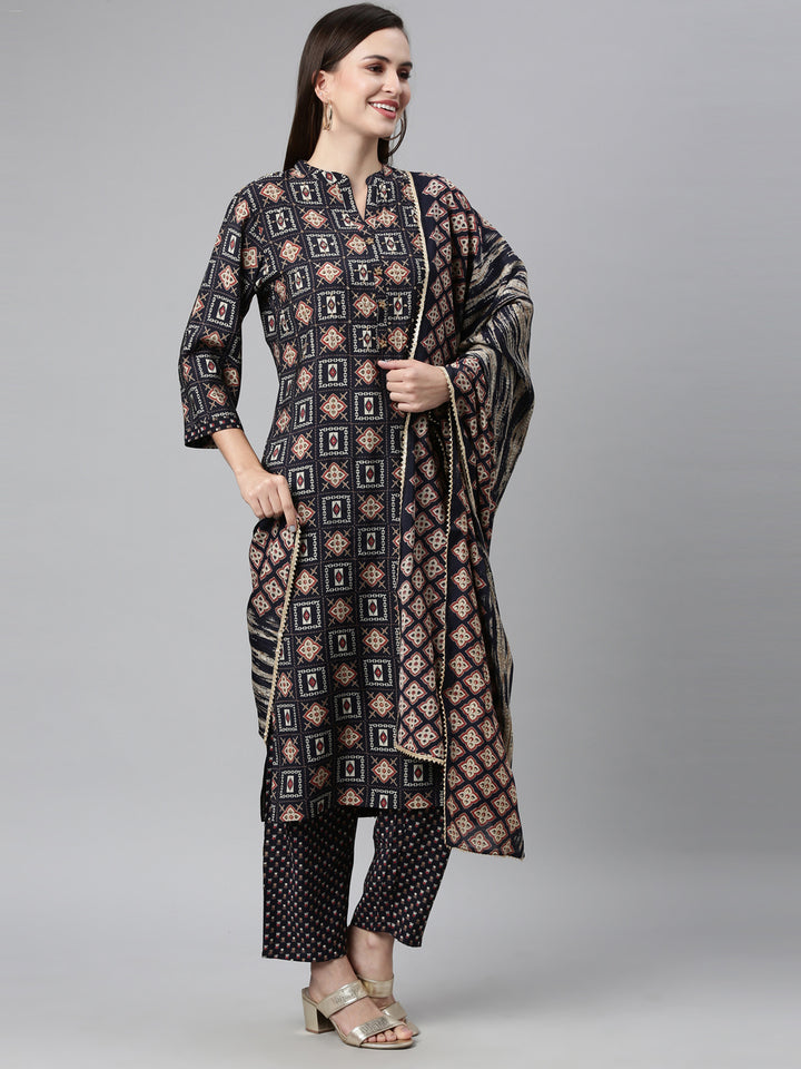 Neerusvy Blue Color Cotton Blend Fabric Kurta Sets With Dupatta