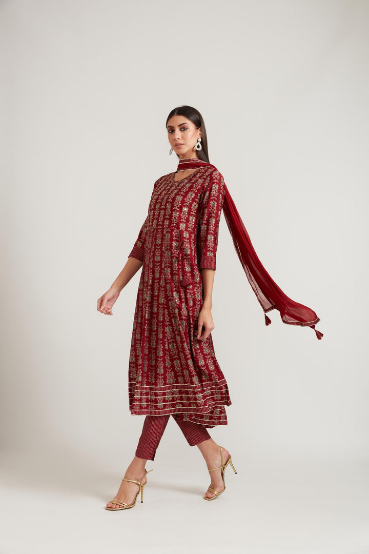 Neerus Maroon modal printed suit set - detail view 2