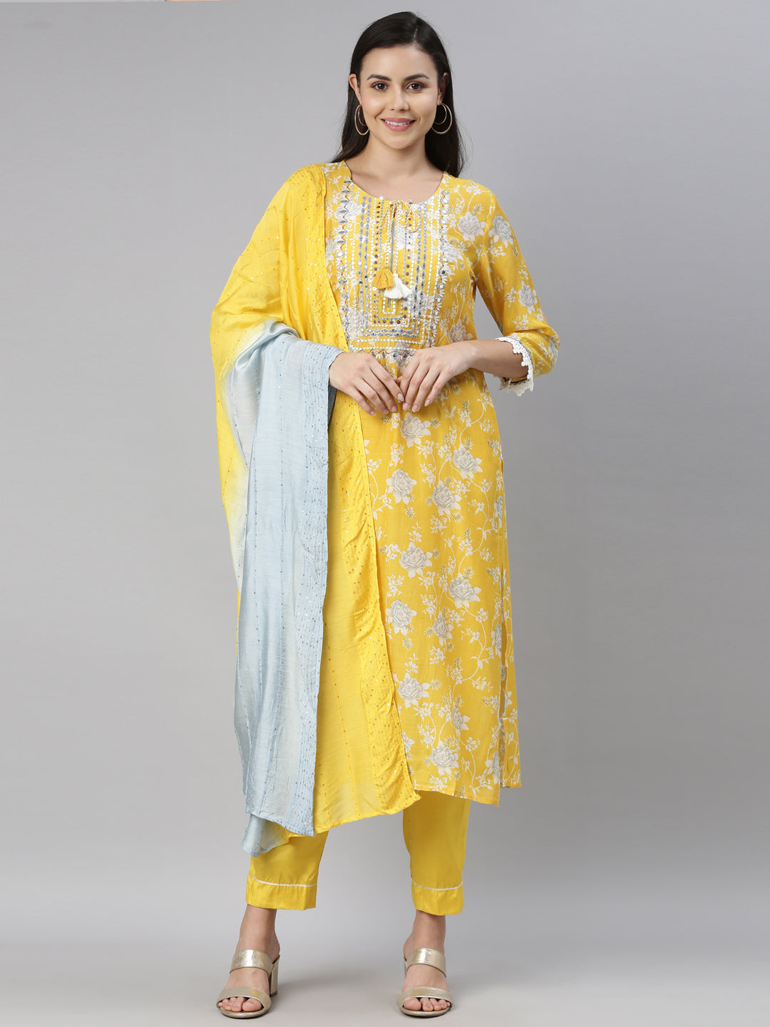 Neerus Yellow muslin solid kurta - front view