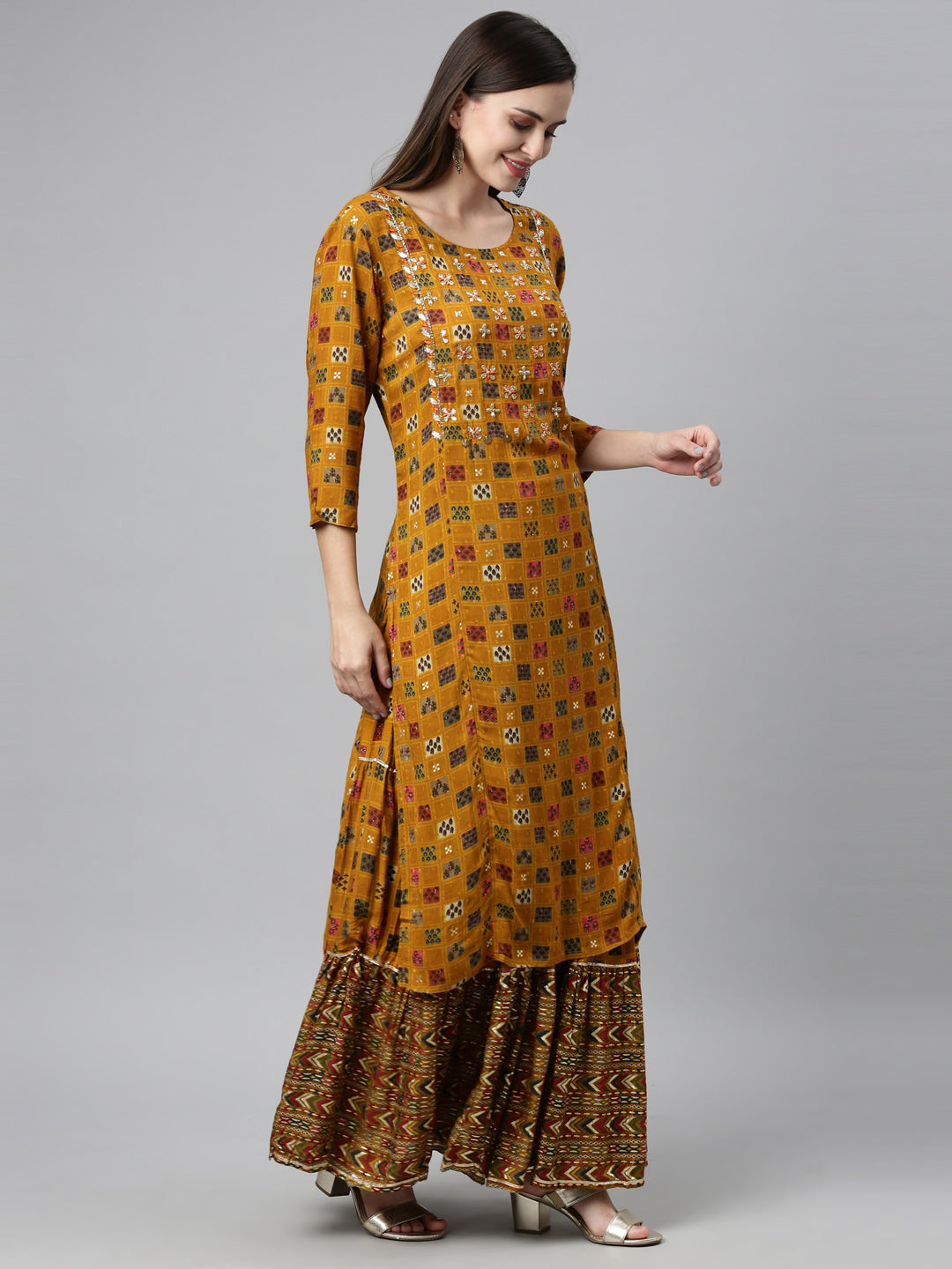 Neerus Yellow viscose rayon embellished kurta set - front view
