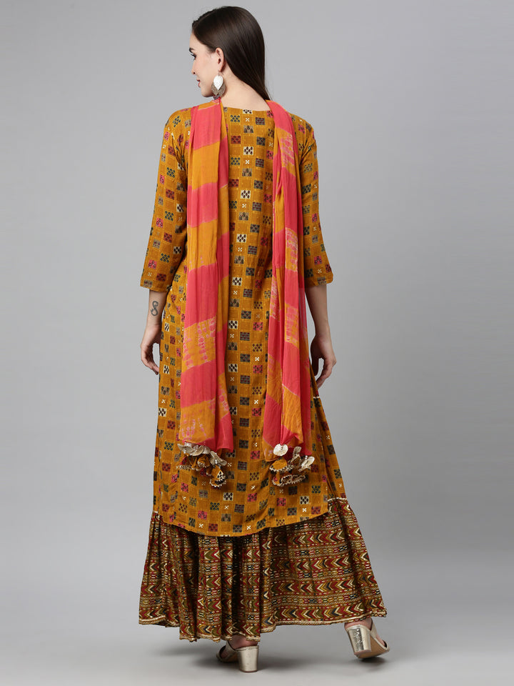 Neerus Yellow viscose rayon embellished kurta set - back view