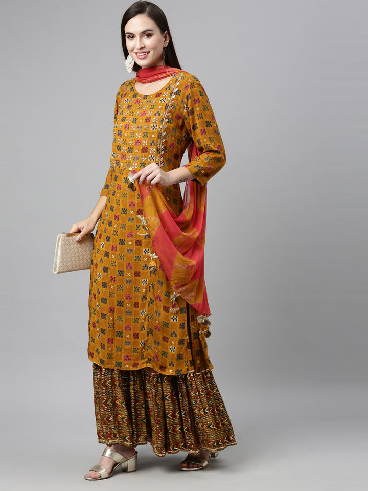 Neerus Yellow viscose rayon embellished kurta set - detail view 1