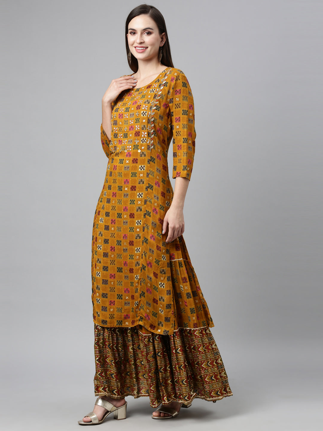 Neerus Yellow viscose rayon embellished kurta set - detail view 2
