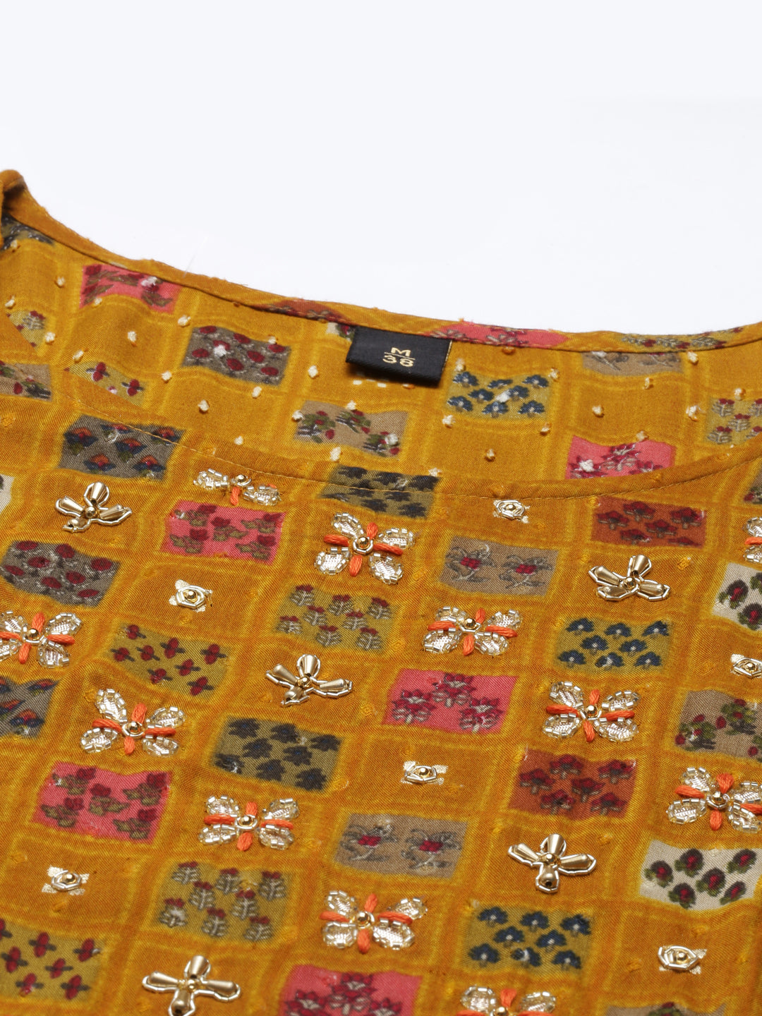 Neerus Yellow viscose rayon embellished kurta set - detail view 5