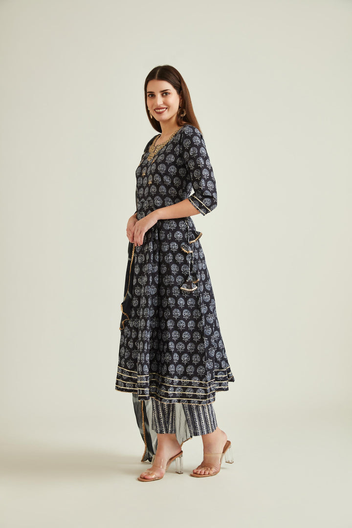 Neerus Black cotton embellished anarkali kurta - detail view 3