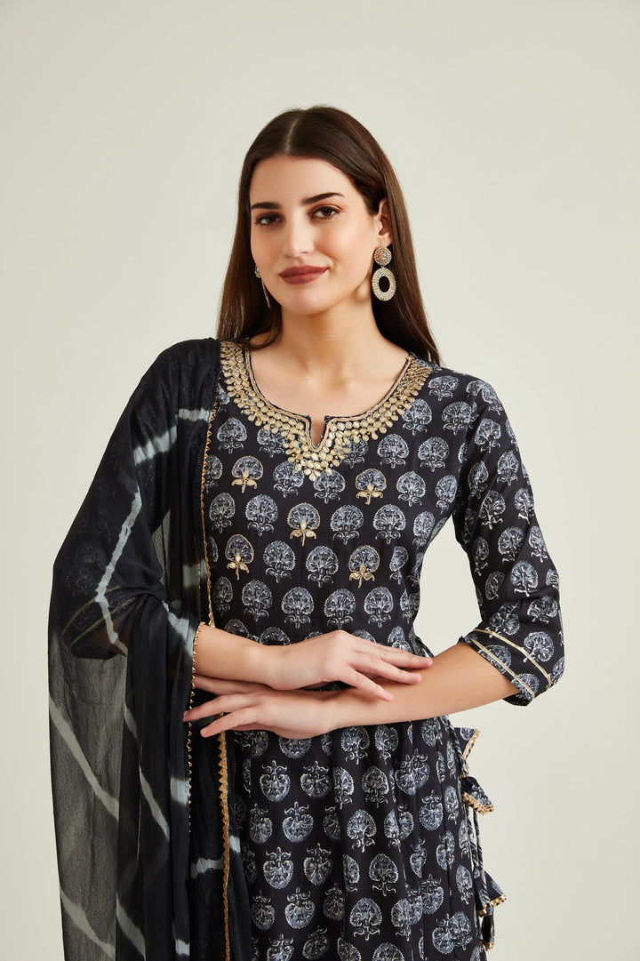 Neerus Black cotton embellished anarkali kurta - detail view 1