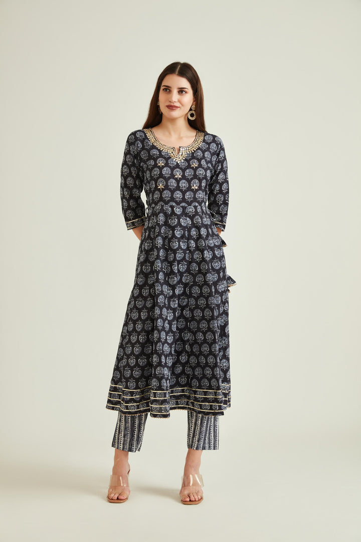 Neerus Black cotton embellished anarkali kurta - detail view 2