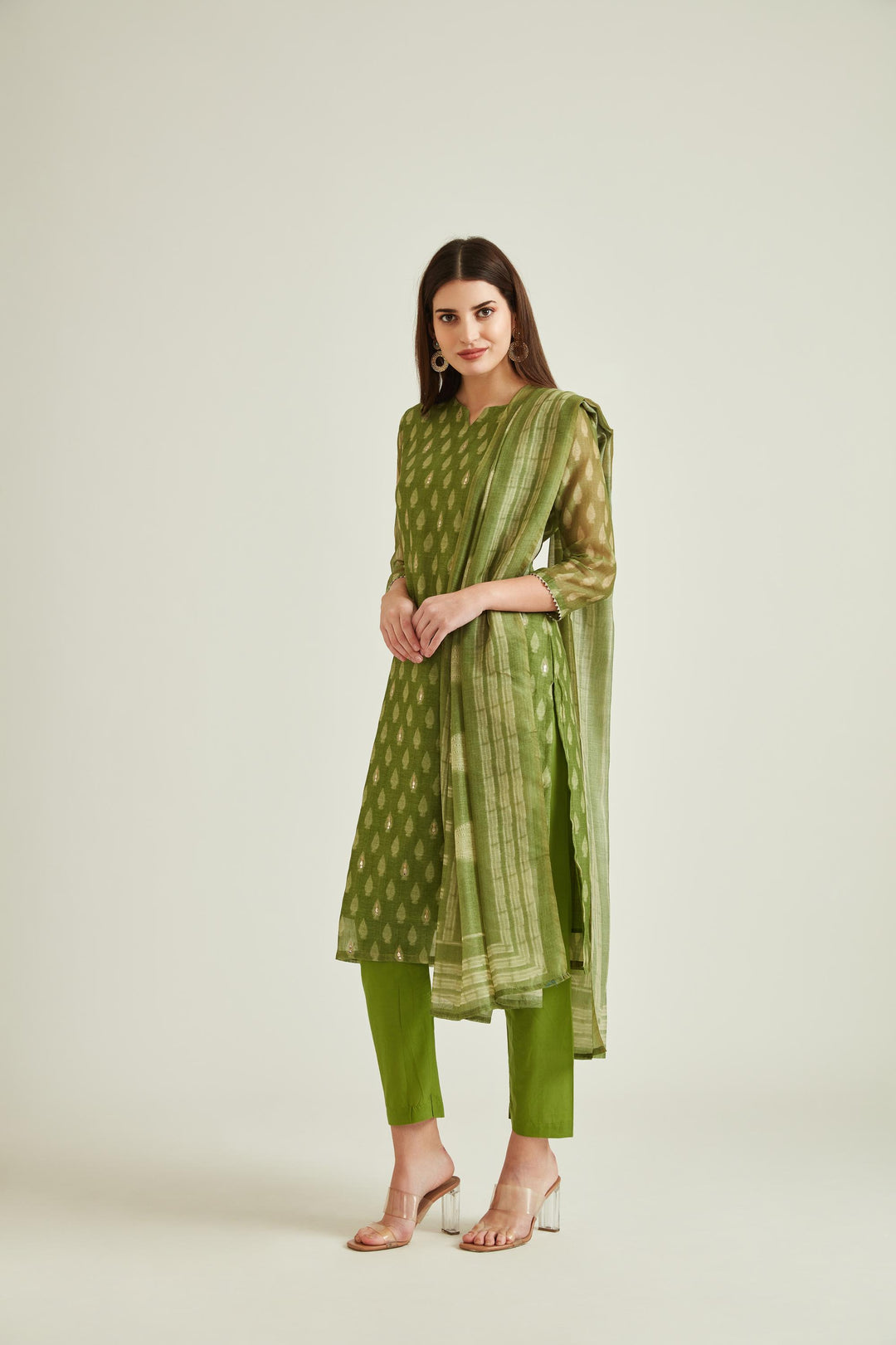 Neerus Green Banarasi woven kurta set - front view