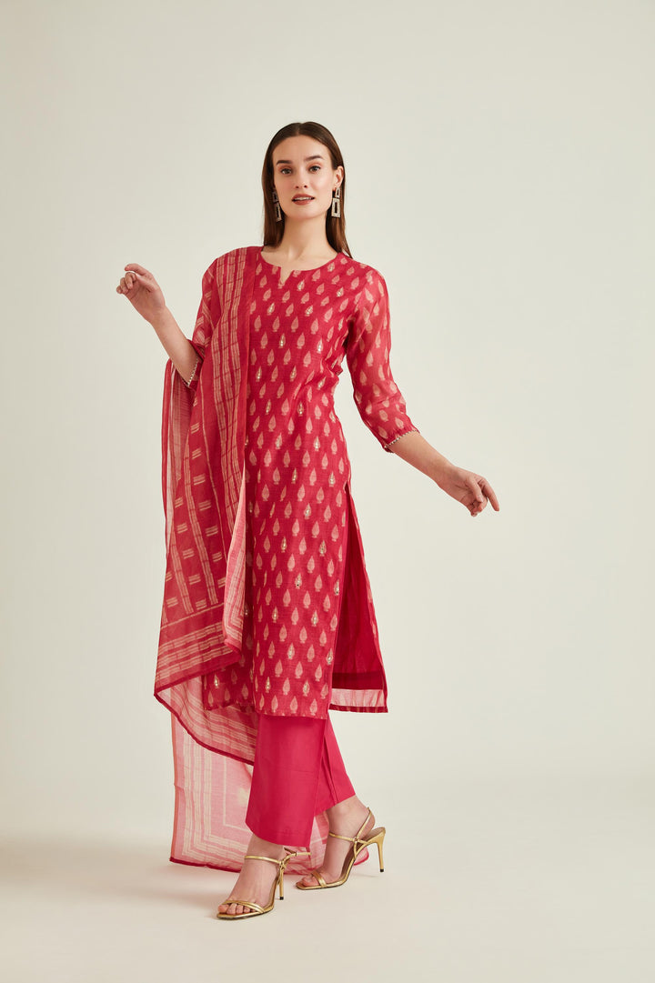 Neerus Pink Banarasi embroidered suit set - front view