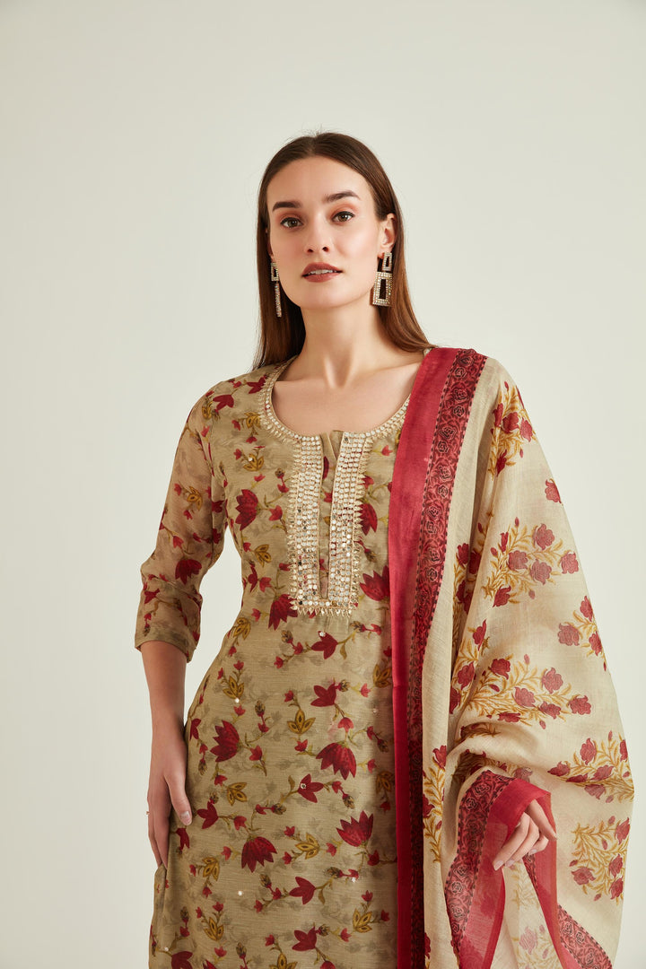 Neerus Beige Colour Chanderi Fabric Suit