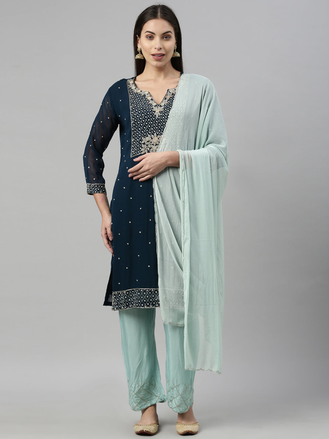 Neerus Blue Georgette Printed Suit Set - front view