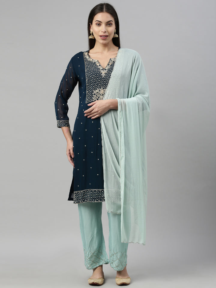 Neerus Blue Georgette Printed Suit Set - front view