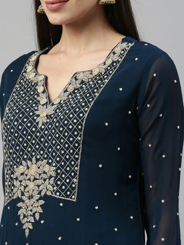 Neerus Blue Georgette Printed Suit Set - side view