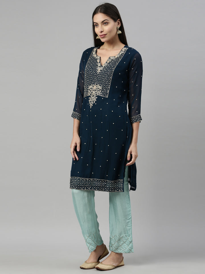 Neerus Blue Georgette Printed Suit Set - detail view 2