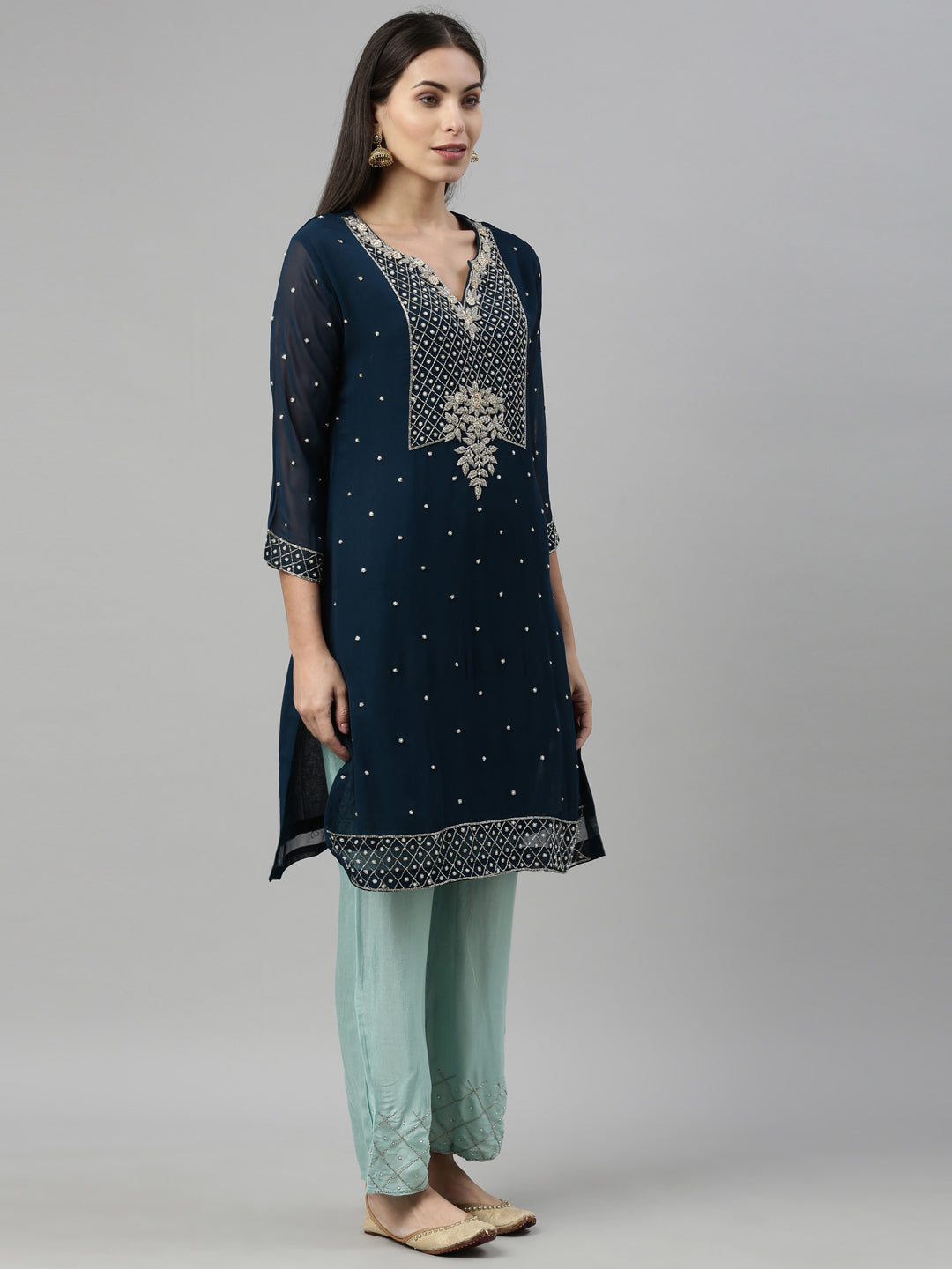 Neerus Blue Georgette Printed Suit Set - detail view 3