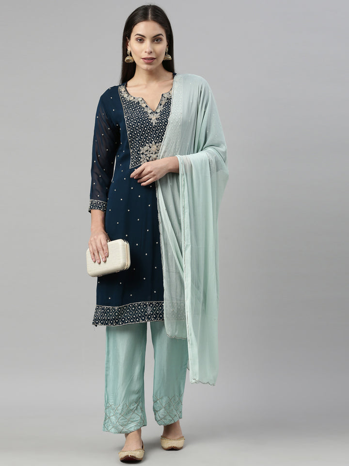 Neerus Blue Georgette Printed Suit Set - detail view 5