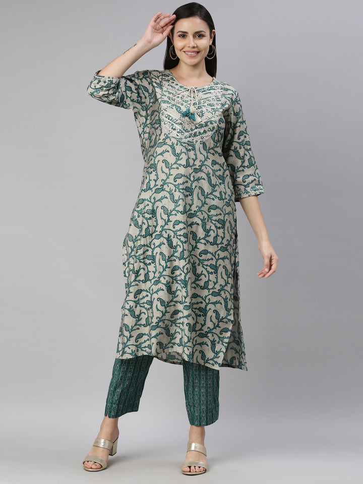 Neerus Green modal printed kurti - front view
