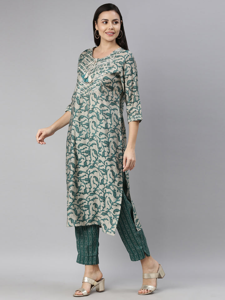 Neerus Green modal printed kurti - back view
