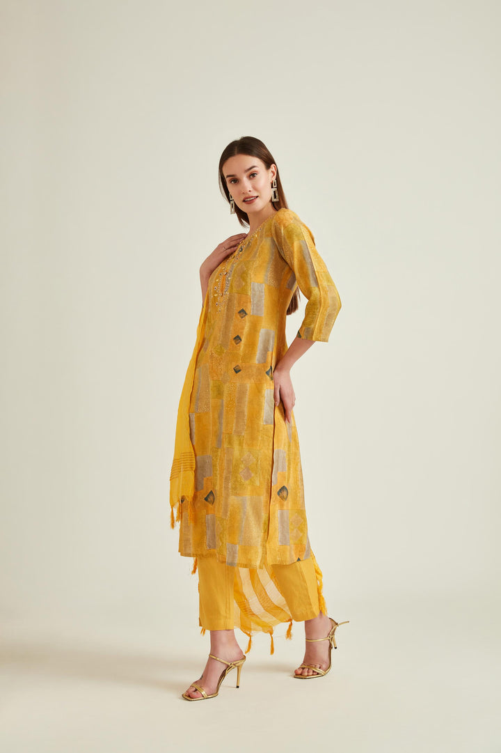 Neerus Yellow muslin mirror work kurta set - back view
