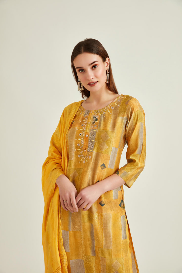 Neerus Yellow muslin mirror work kurta set - detail view 1
