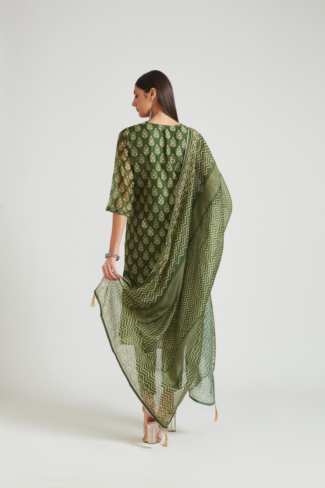 Neerus Green Chanderi printed kurta set - side view