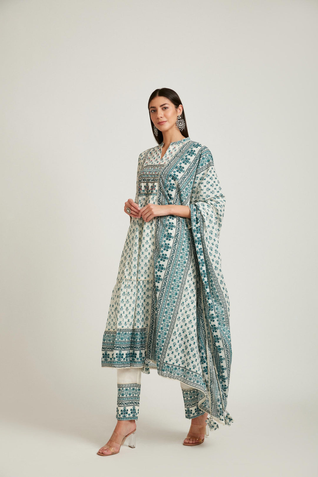 Neerus Green cotton printed kurta set with pant and dupatta - front view