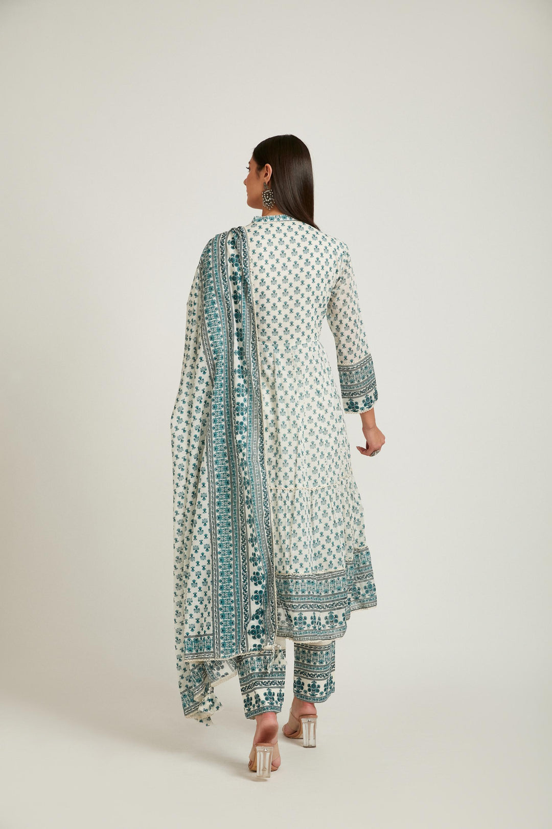 Neerus Green cotton printed kurta set with pant and dupatta - back view