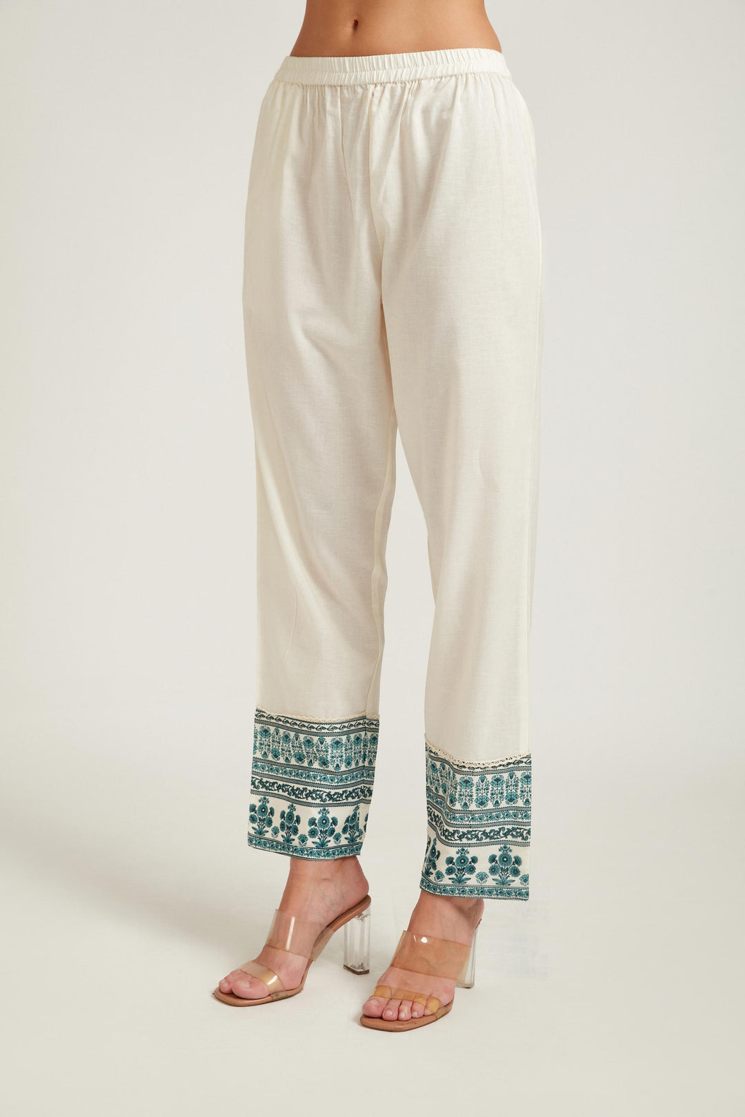 Neerus Green cotton printed kurta set with pant and dupatta - detail view 2