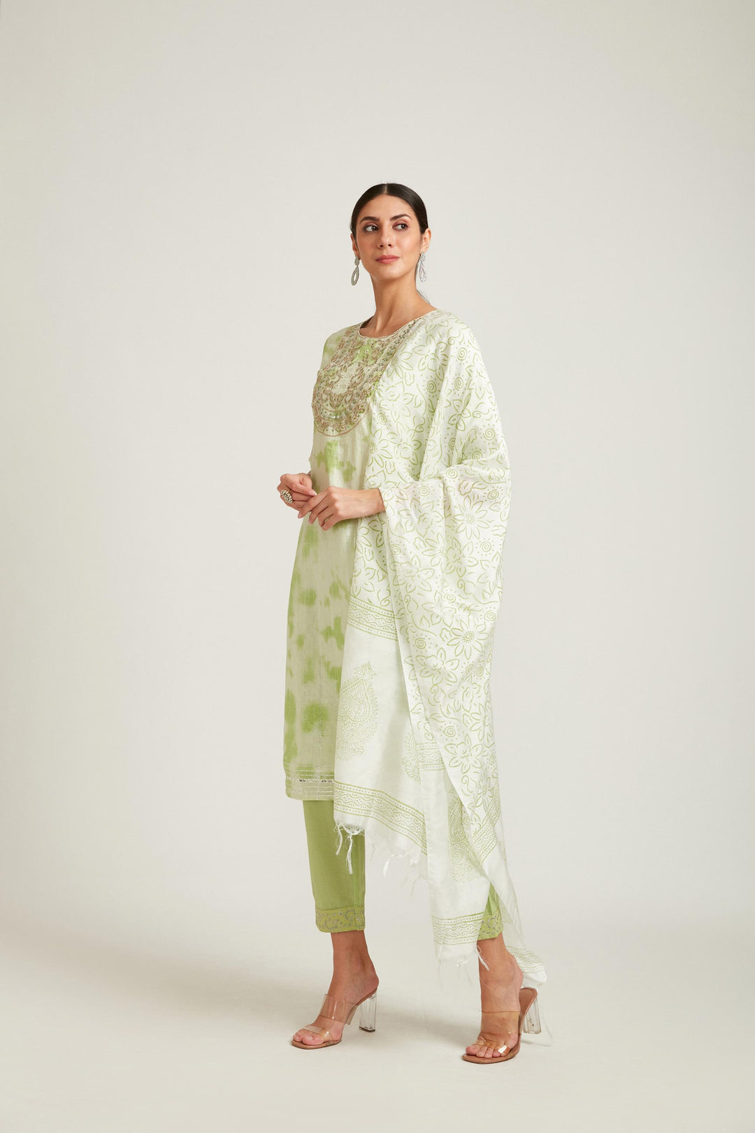 Neerus Pista Color Chanderi Fabric Kurta Set