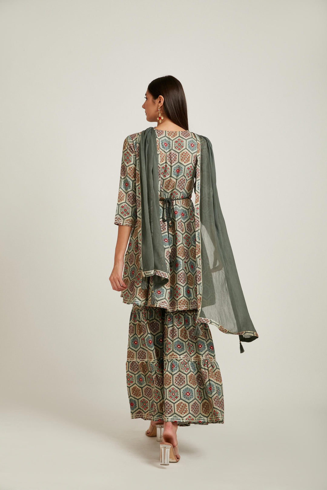 Neerus Grey cotton kurta set - back view