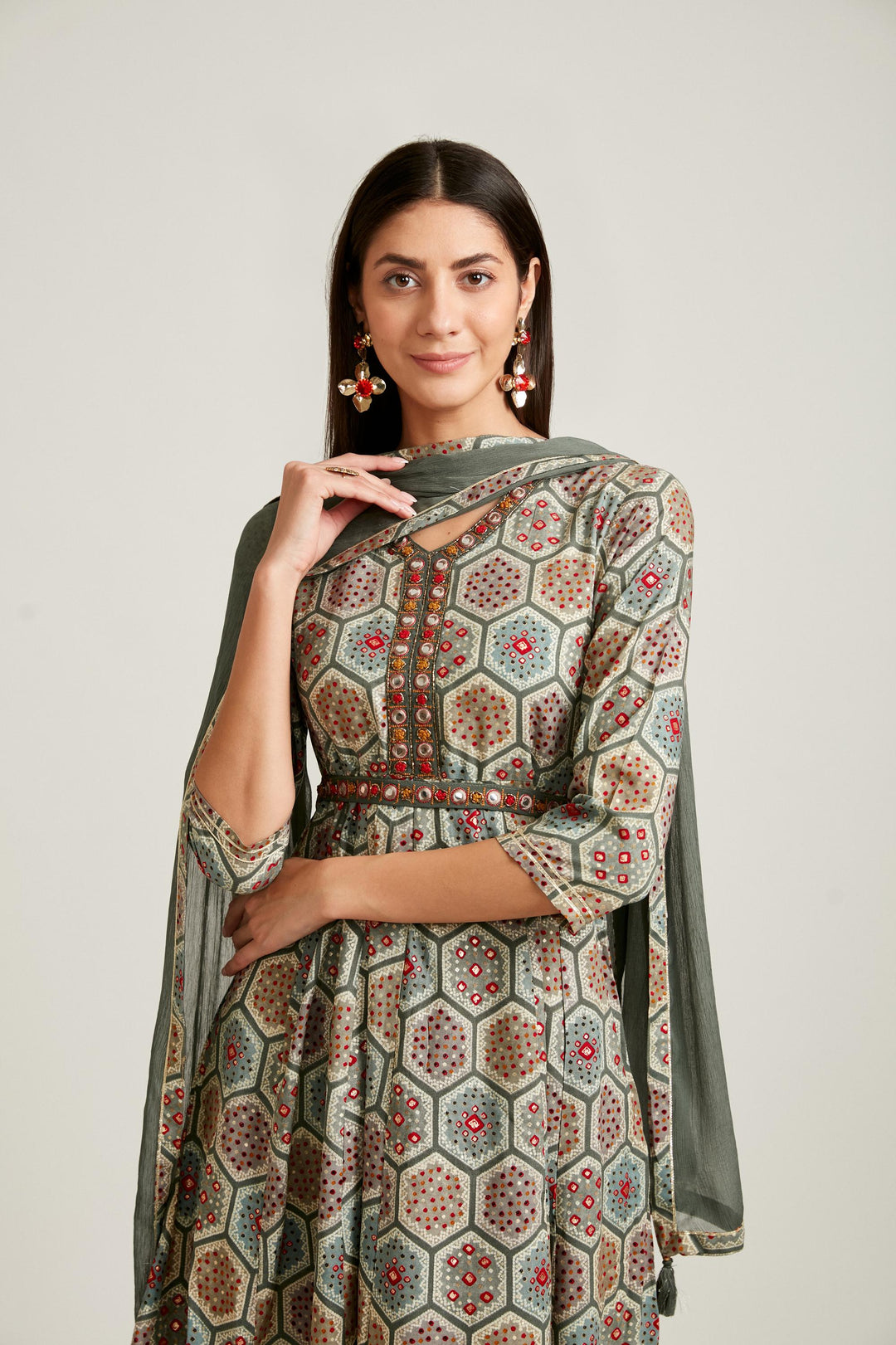 Neerus Grey cotton kurta set - detail view 3