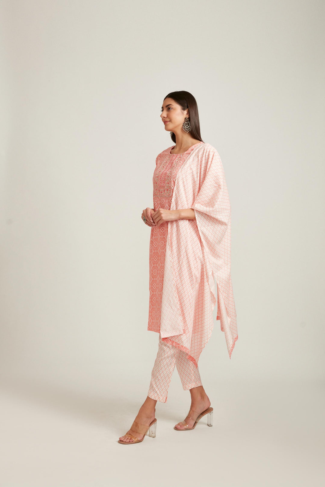 Neerus Pink viscose rayon printed kurta set - back view