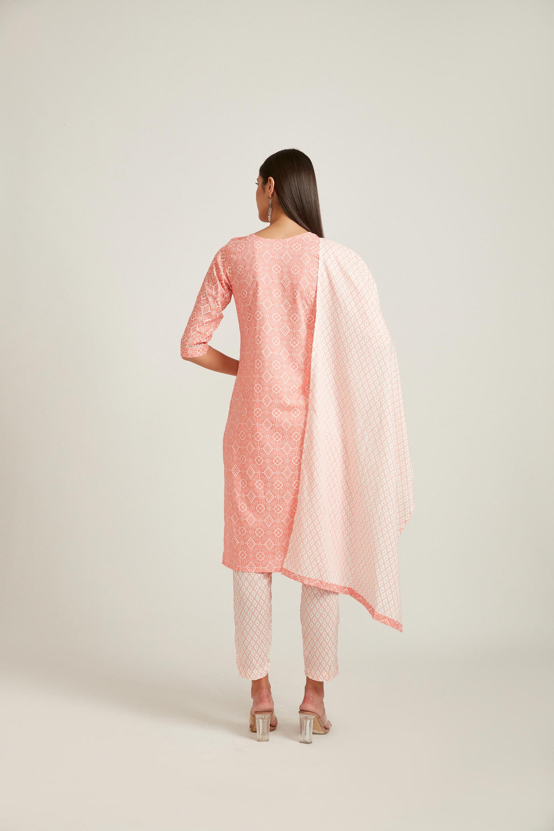 Neerus Pink viscose rayon printed kurta set - side view
