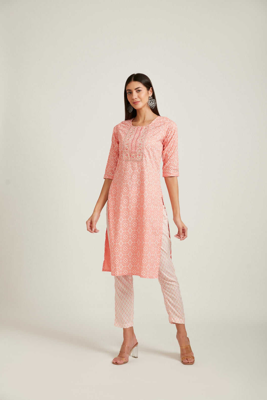 Neerus Pink viscose rayon printed kurta set - front view