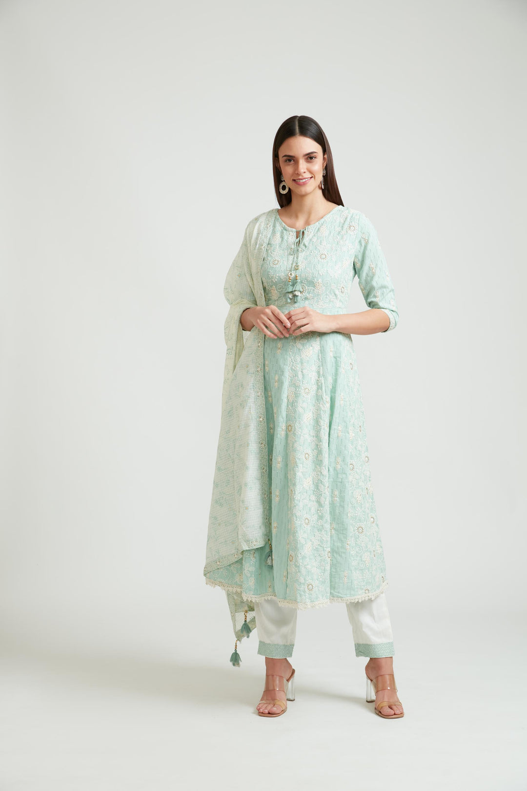 Neerus Green cotton kurta set - front view