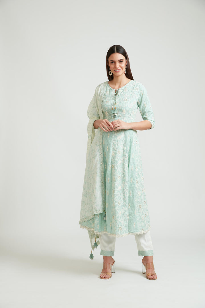 Neerus Green cotton kurta set - front view