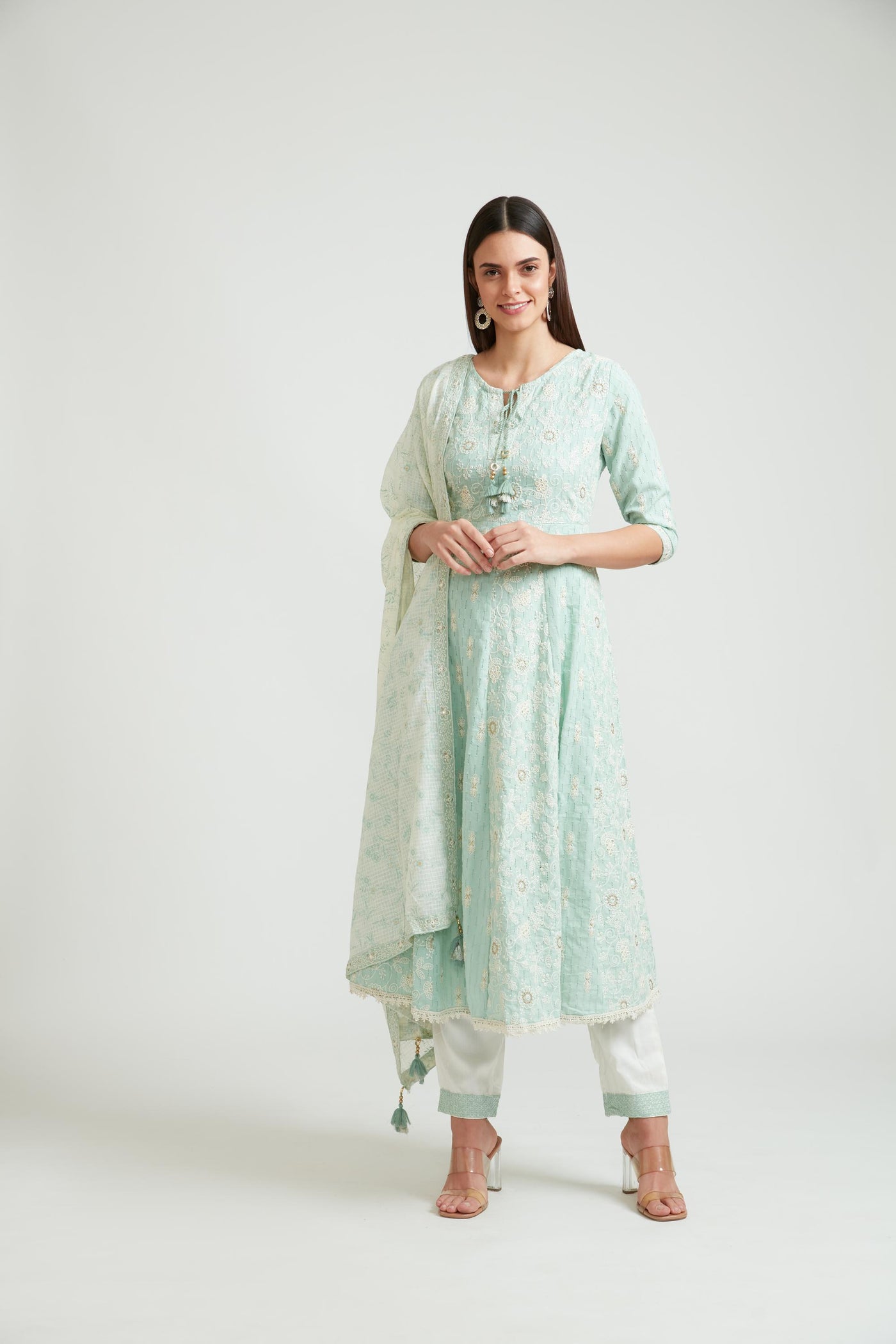 Neerus Pista Color Cotton Fabric Kurta Set