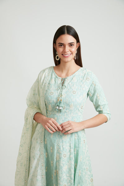 Neerus Pista Color Cotton Fabric Kurta Set