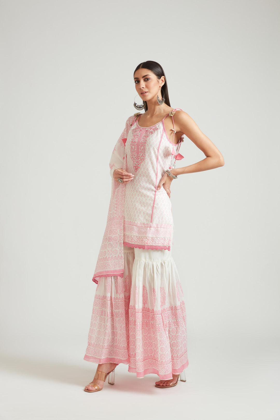 Neerus Pink jute cotton printed kurta set with sharara and dupatta - front view