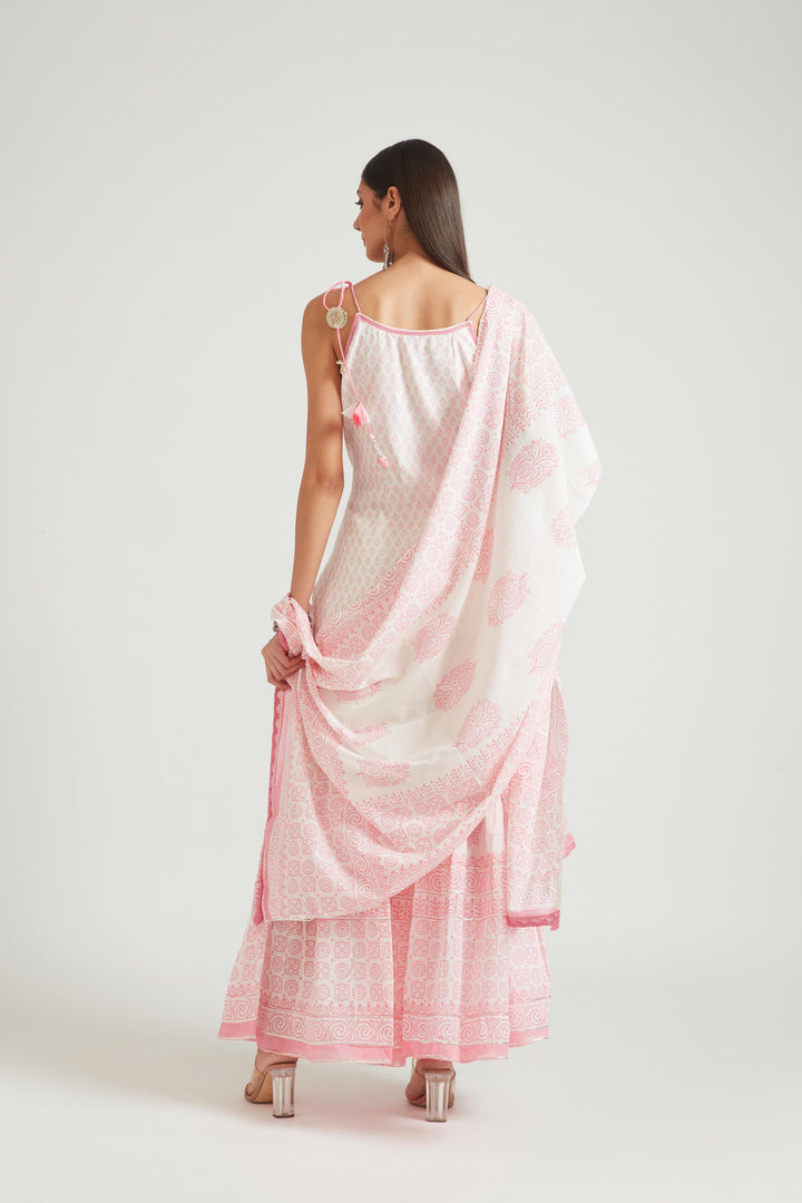 Neerus Pink jute cotton printed kurta set with sharara and dupatta - back view