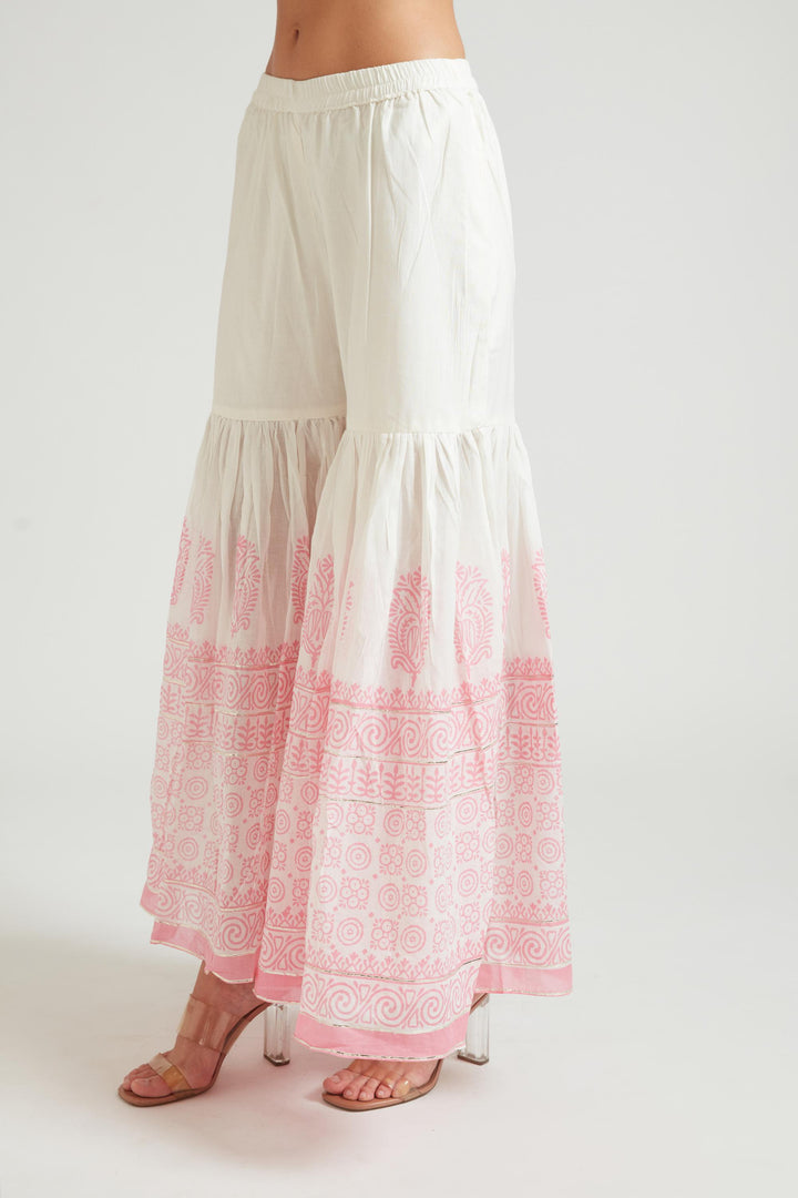 Neerus Pink jute cotton printed kurta set with sharara and dupatta - detail view 1