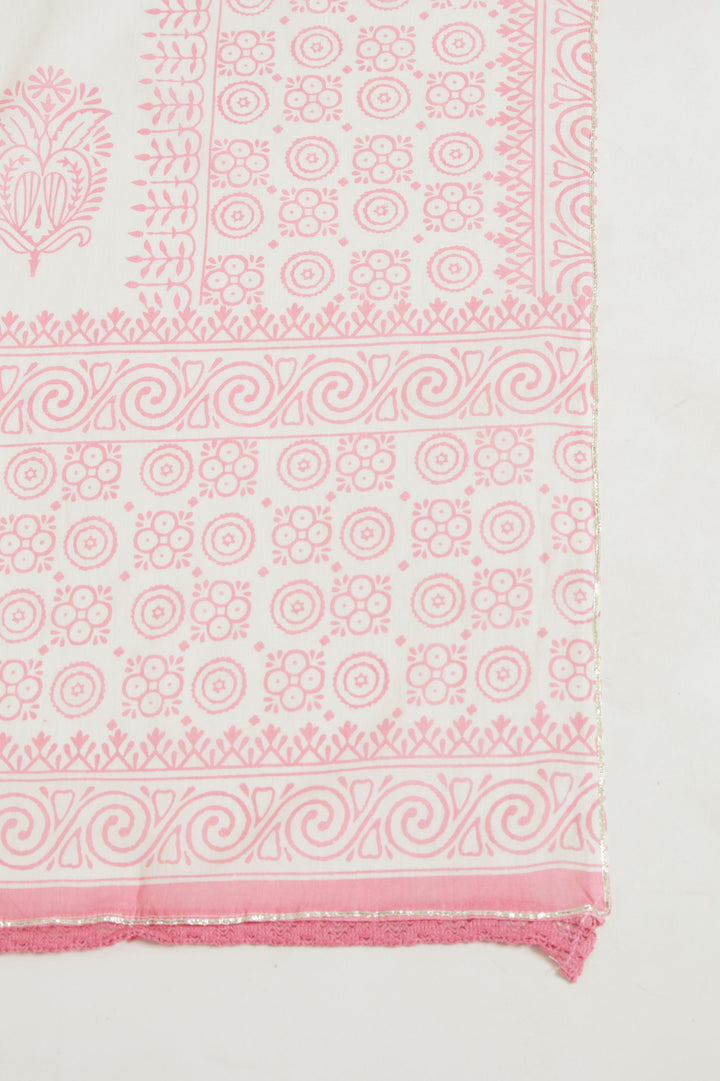 Neerus Pink jute cotton printed kurta set with sharara and dupatta - detail view 2