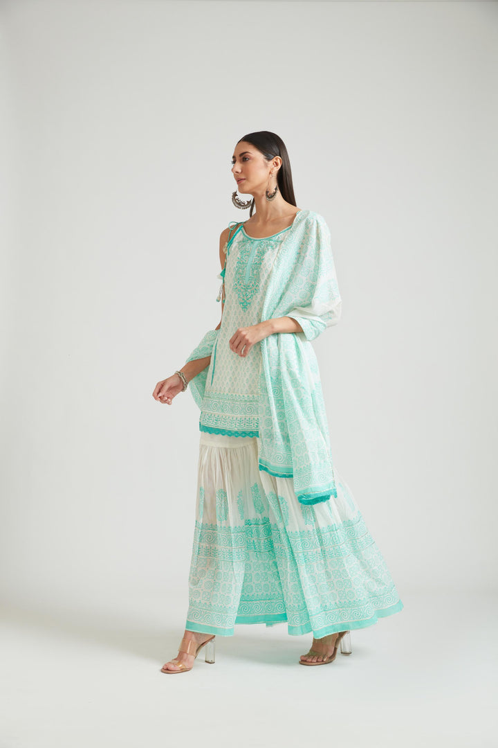 Neerus Green cotton printed kurta set salwar kameez - back view