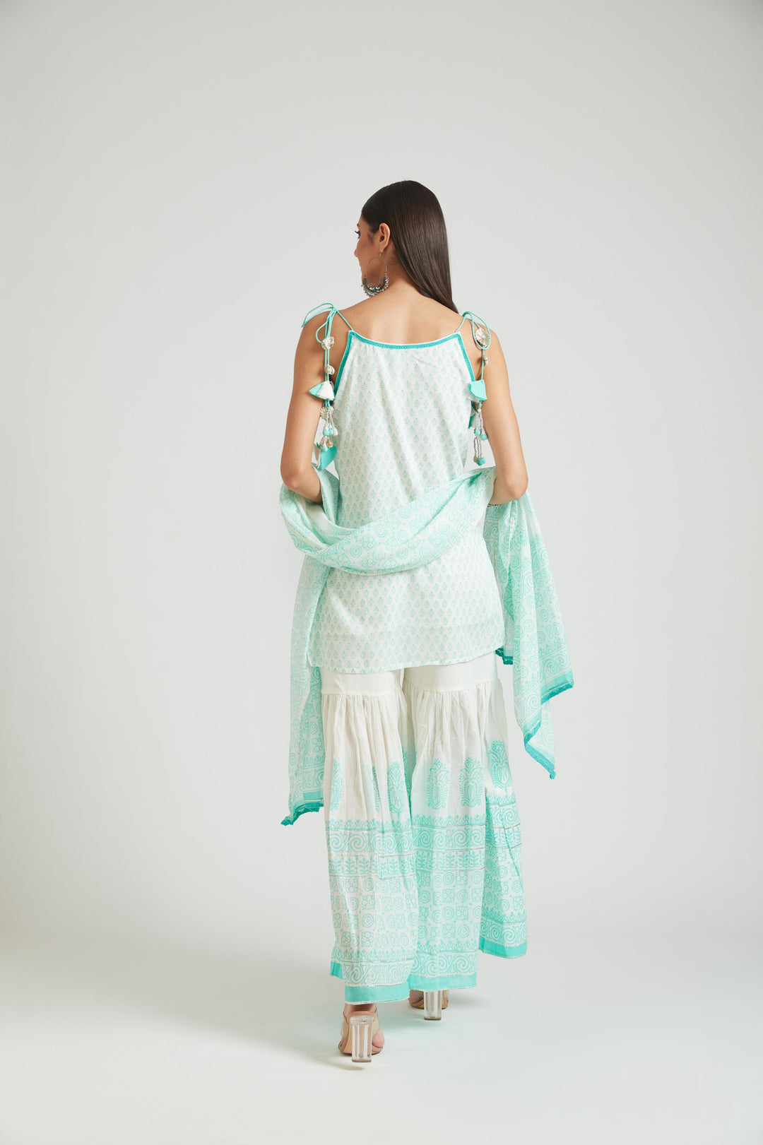Neerus Green cotton printed kurta set salwar kameez - detail view 1